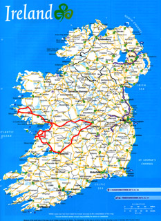 Irland Plan mit eingezeichneter Reiseroute